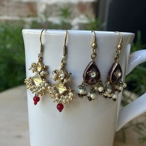 VTG Dangle Drop Earrings Red Beads Rhinestones Faux Pearl Gold Tone 2 Pairs Boho